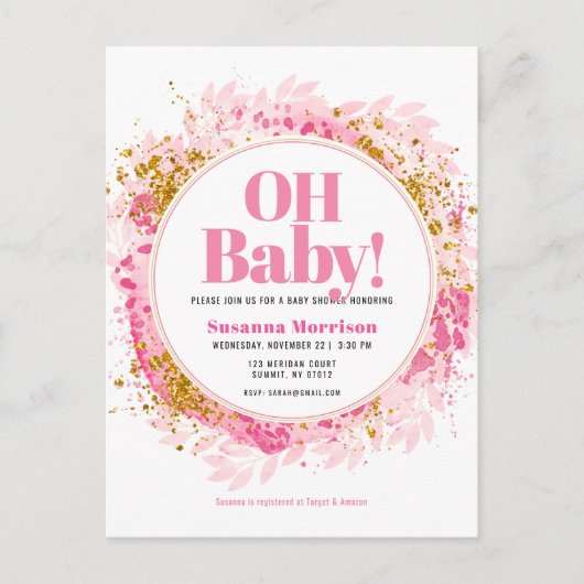 Roze gouden Waterverf Baby Girl Shower Uitnodiging Briefkaart (Voorkant)