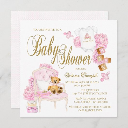 Roze gouden Waterverf Baby Shower Uitnodigingen (Voorkant / Achterkant)