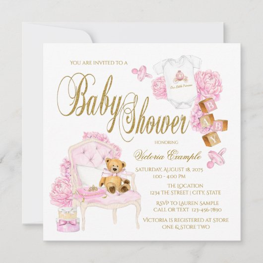 Roze gouden Waterverf Baby Shower Uitnodigingen (Voorkant)