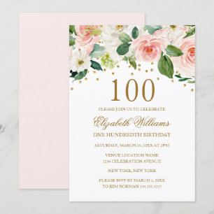 Roze Gouden Waterverf Bloemen 100ste Verjaardag Kaart