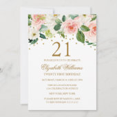 Roze Gouden Waterverf Bloemen 21ste Verjaardag Kaart (Voorkant)