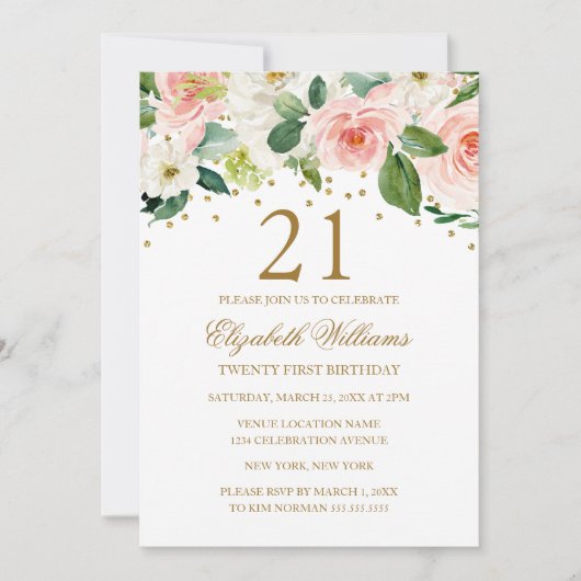 Roze Gouden Waterverf Bloemen 21ste Verjaardag Kaart (Voorkant)