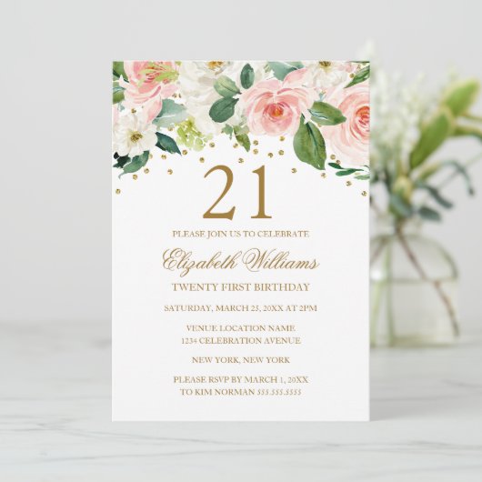 Roze Gouden Waterverf Bloemen 21ste Verjaardag Kaart (Staand voorkant)