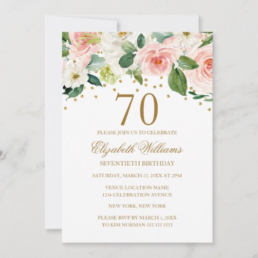 Roze Gouden Waterverf Bloemen 70ste Verjaardag Kaart (Voorkant)