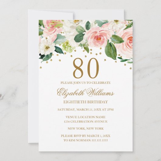 Roze Gouden Waterverf Bloemen 80ste Verjaardag Kaart (Voorkant)