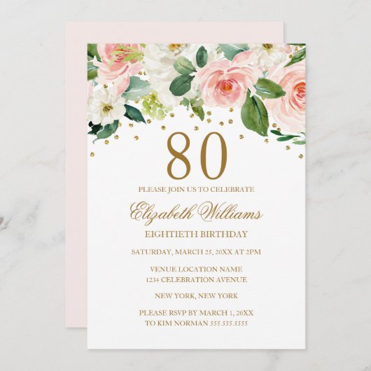 Roze Gouden Waterverf Bloemen 80ste Verjaardag Kaart (Voorkant / Achterkant)