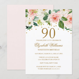 Roze Gouden Waterverf Bloemen 90ste Verjaardag Kaart