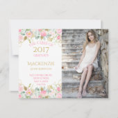 Roze Gouden Waterverf Bloemen Foto Afstuderen Aankondiging (Voorkant)