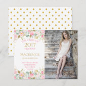 Roze Gouden Waterverf Bloemen Foto Afstuderen Aankondiging (Voorkant / Achterkant)