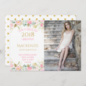 Roze Gouden Waterverf Bloemen Foto Afstuderen Aankondiging (Voorkant / Achterkant)