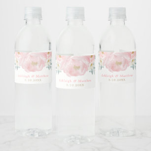 Roze & Gouden Waterverf Bloemen Pioenrozen Waterfles Etiket