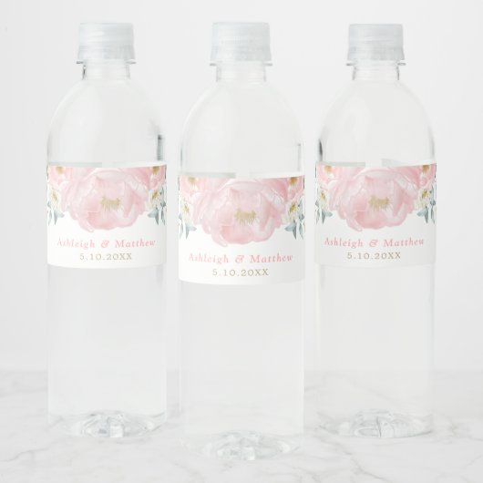  Roze & Gouden Waterverf Bloemen Pioenrozen Waterfles Etiket (Flessen)