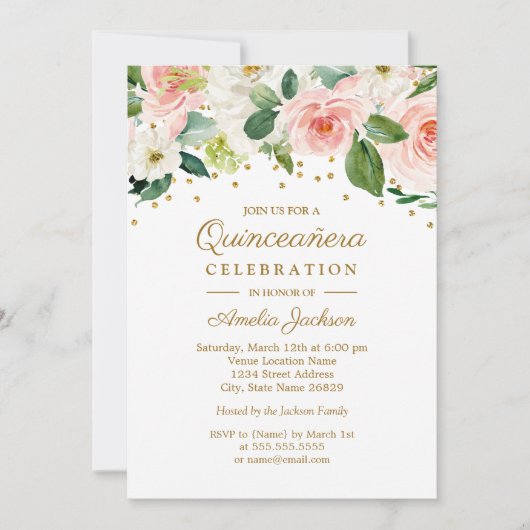 Roze Gouden Waterverf Bloemen Quinceanera 15e Kaart (Voorkant)