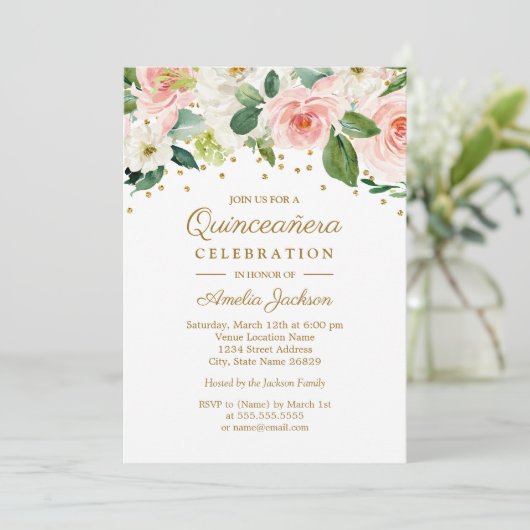 Roze Gouden Waterverf Bloemen Quinceanera 15e Kaart (Staand voorkant)