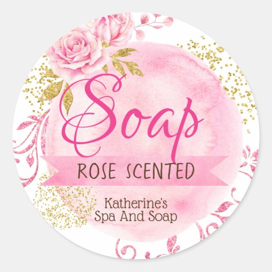 Roze Gouden Waterverf Bloemen Roos zeepetiketten Ronde Sticker (Voorkant)