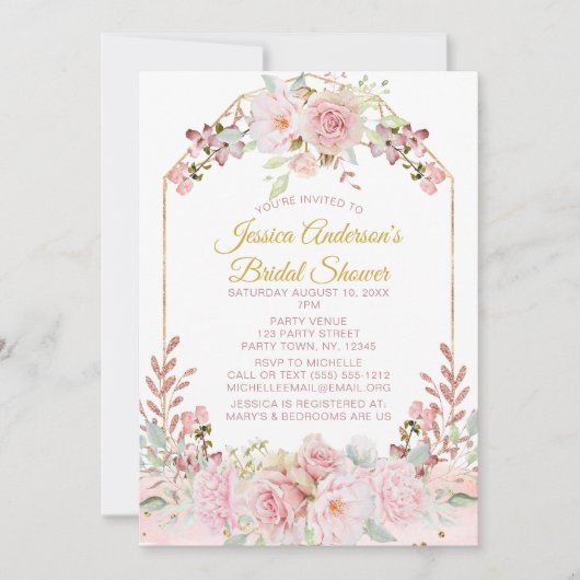  Roze Gouden Waterverf Bloemen Vrijgezellenfeest Kaart (Voorkant)