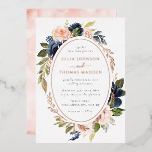 Roze Gouden Waterverf Blush Navy Bloemen Bruiloft  Folie Uitnodiging