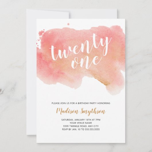 Roze Gouden Waterverf eenentwintig Kaart (Voorkant)