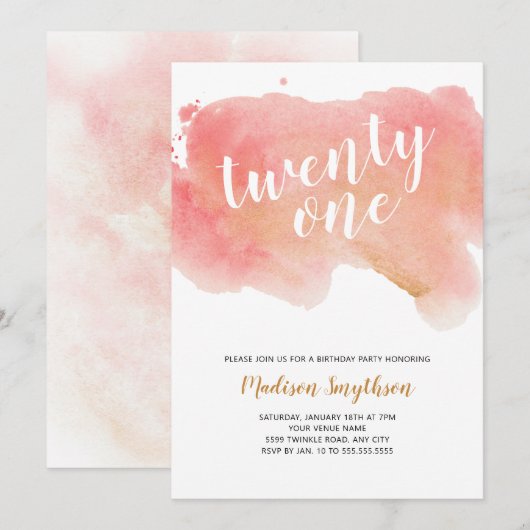 Roze Gouden Waterverf eenentwintig Kaart (Voorkant / Achterkant)