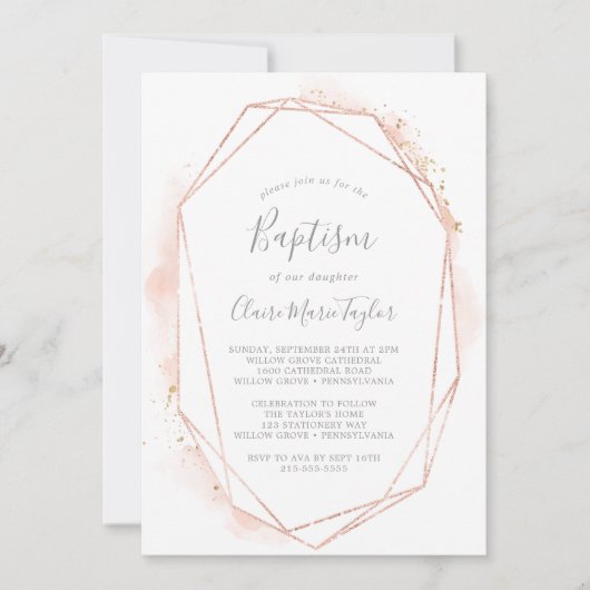 Roze Gouden Waterverf Geometrische Doop Kaart (Voorkant)