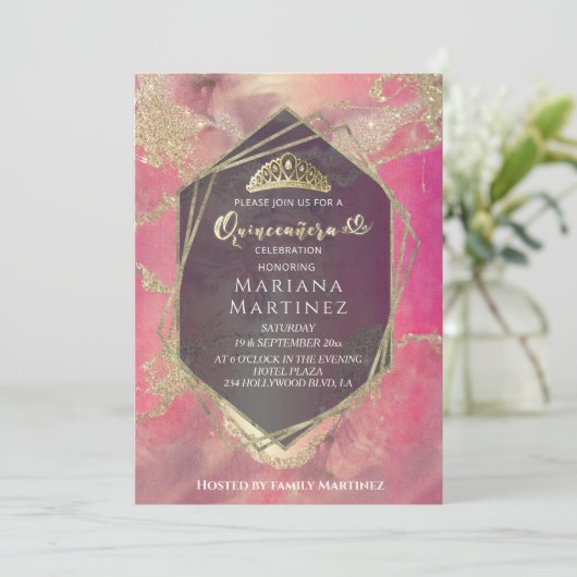 Roze Gouden waterverf geometrische Quinceañera Kaart (Staand voorkant)