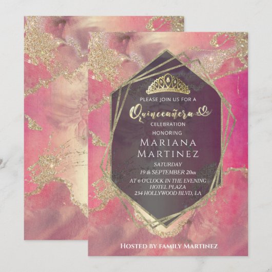 Roze Gouden waterverf geometrische Quinceañera Kaart (Voorkant / Achterkant)