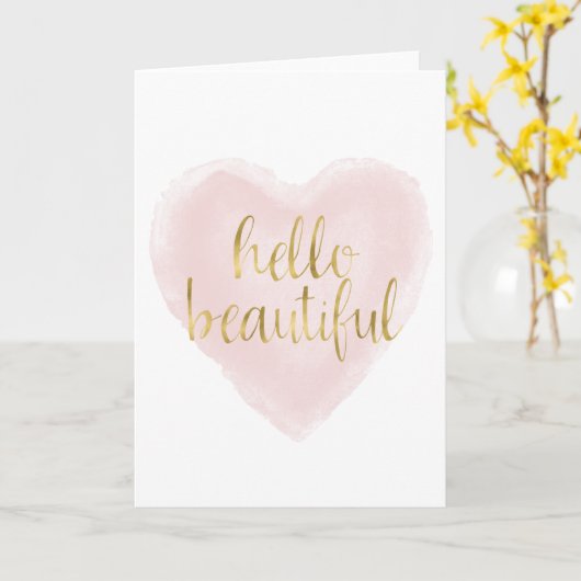Roze Gouden Waterverf Hallo Kaart (Gele Bloem)