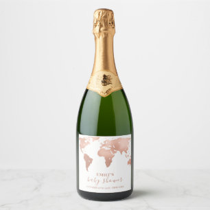 Roze Gouden Wereldkaart Reis Avontuur Baby Shower Sparkling Wijnetiket