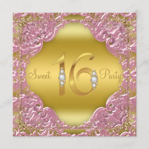 Roze Gouden Wervelende Fancy Sweet 16 Feestje Kaart