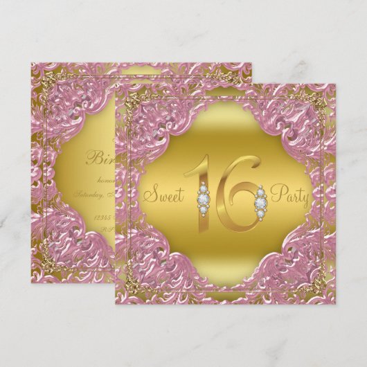 Roze Gouden Werveltje Fancy Sweet 16 Party Kaart (Voorkant / Achterkant)