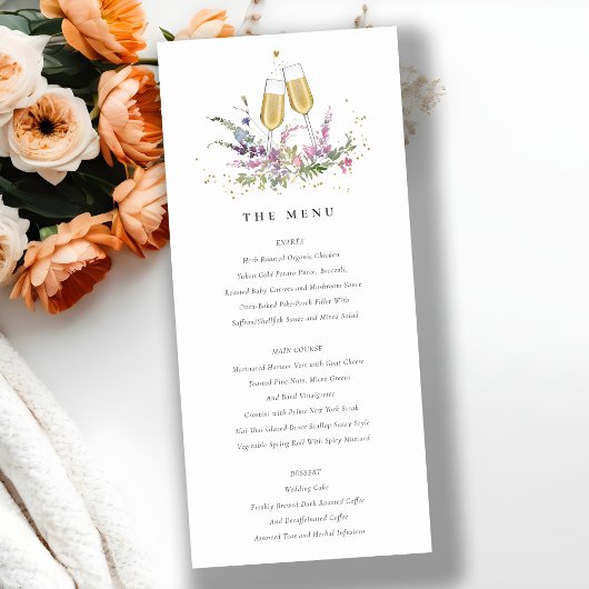 Roze gouden wijnglazen bloemkaart bruiloftsmenu bedankkaart