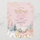 Roze Gouden Winter Onederland 1e Verjaardagsbos Kaart (Voorkant / Achterkant)