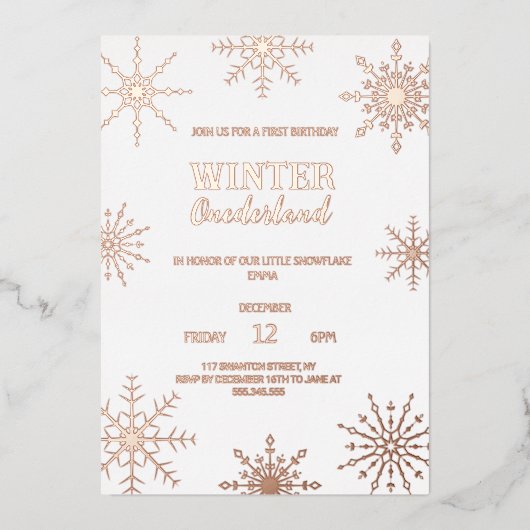 Roze Gouden Winter Onederland Folie Uitnodiging (Voorkant)