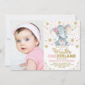 Roze Gouden Winter Onederland Olifant 1e verjaarda Kaart (Voorkant)