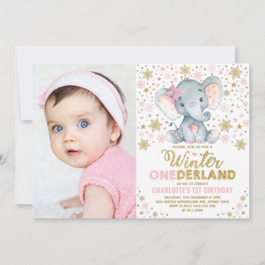 Roze Gouden Winter Onederland Olifant 1e verjaarda Kaart (Voorkant)
