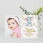 Roze Gouden Winter Onederland Olifant 1e verjaarda Kaart (Staand voorkant)