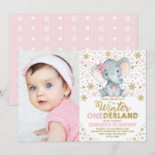 Roze Gouden Winter Onederland Olifant 1e verjaarda Kaart (Voorkant / Achterkant)