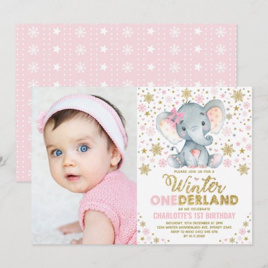 Roze Gouden Winter Onederland Olifant 1e verjaarda Kaart (Voorkant / Achterkant)