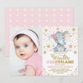 Roze Gouden Winter Onederland Olifant 1e verjaarda Kaart