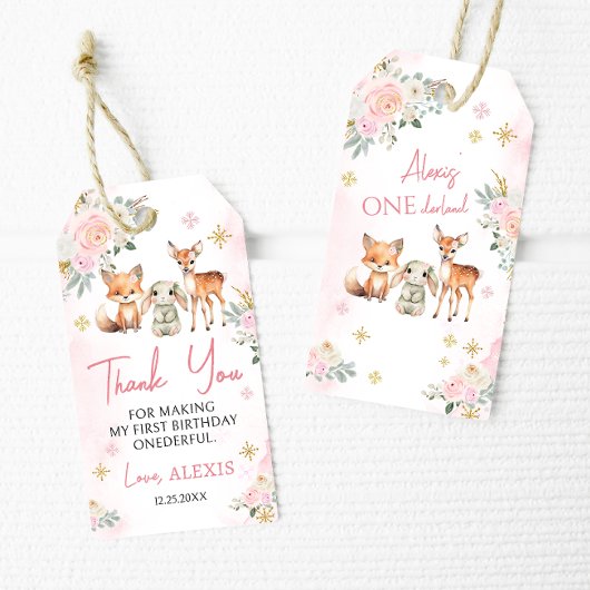 Roze gouden winter ONEderland verjaardagdank u lab Cadeaulabel