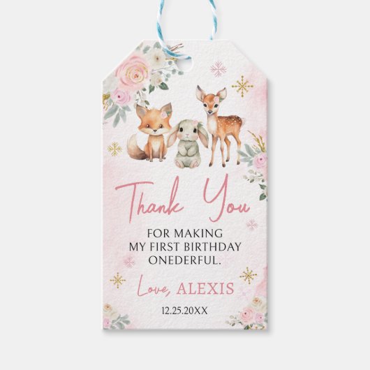 Roze gouden winter ONEderland verjaardagdank u lab Cadeaulabel (Voorkant)