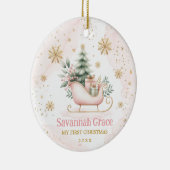 Roze Gouden Winter Sleigh Baby Meisje 1e Kerstmis Keramisch Ornament (Rechts)