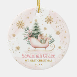 Roze Gouden Winter Sleigh Baby Meisje 1e Kerstmis Keramisch Ornament