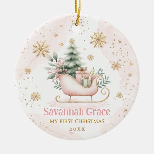 Roze Gouden Winter Sleigh Baby Meisje 1e Kerstmis Keramisch Ornament (Voorkant)