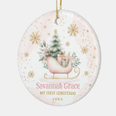 Roze Gouden Winter Sleigh Baby Meisje 1e Kerstmis Keramisch Ornament (Links)
