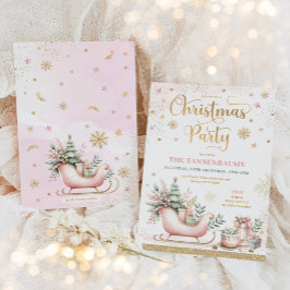 Roze Gouden Winter Sleigh Sneeuwvlokken Kerstfeest Kaart