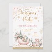 Roze Gouden Winter Sleigh Sneeuwvlokken Kerstfeest Kaart (Voorkant)
