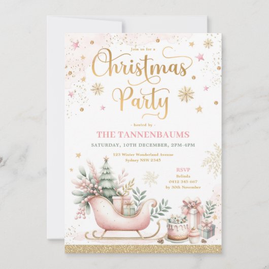 Roze Gouden Winter Sleigh Sneeuwvlokken Kerstfeest Kaart (Voorkant)