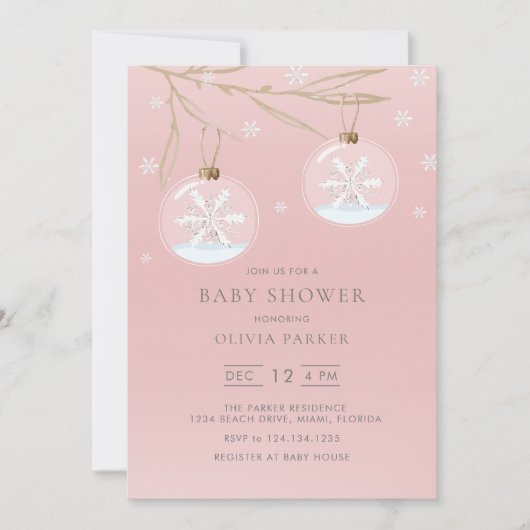 Roze Gouden Winter Sneeuwvlok Baby shower Invitati Kaart (Voorkant)