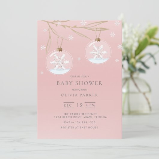 Roze Gouden Winter Sneeuwvlok Baby shower Invitati Kaart (Staand voorkant)